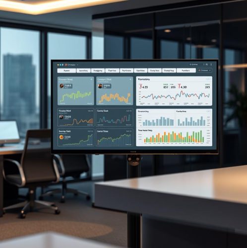 Digital dashboard displays charts and graphs on a monitor in a modern office with large windows and cozy workspaces.